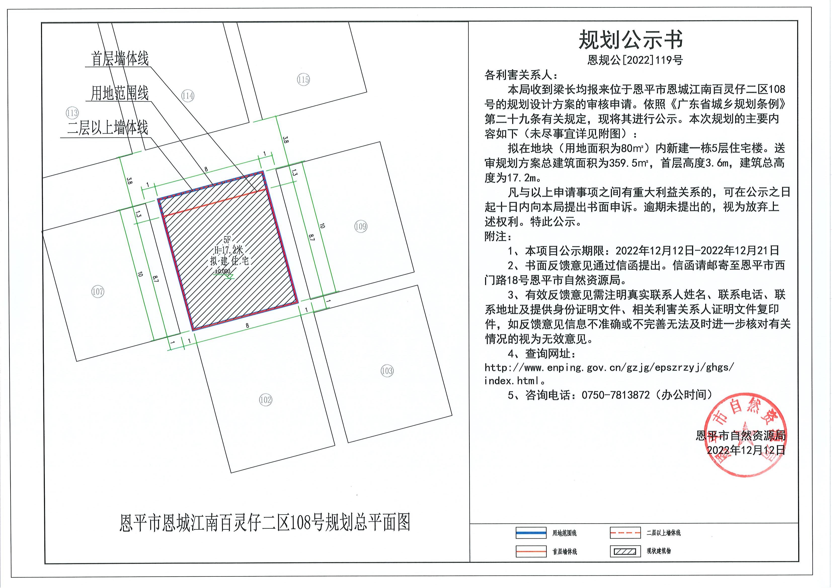 恩規(guī)公[2022]119號 關(guān)于恩平市恩城江南百靈仔二區(qū)108號的規(guī)劃公示書.pdf_00.jpg