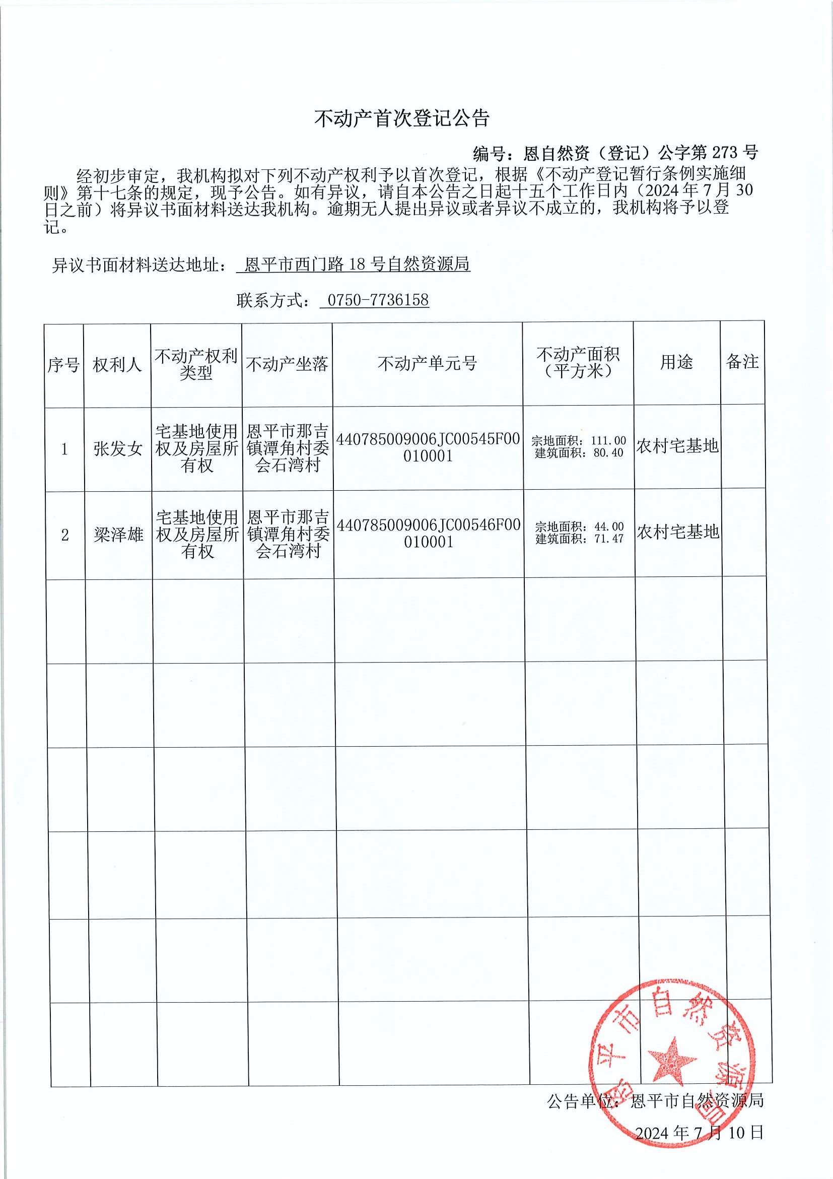 不動產(chǎn)首次登記公告-編號：恩自然資（登記）公字第273號-恩平市那吉鎮(zhèn)潭角村委會石灣村房地一體.jpg