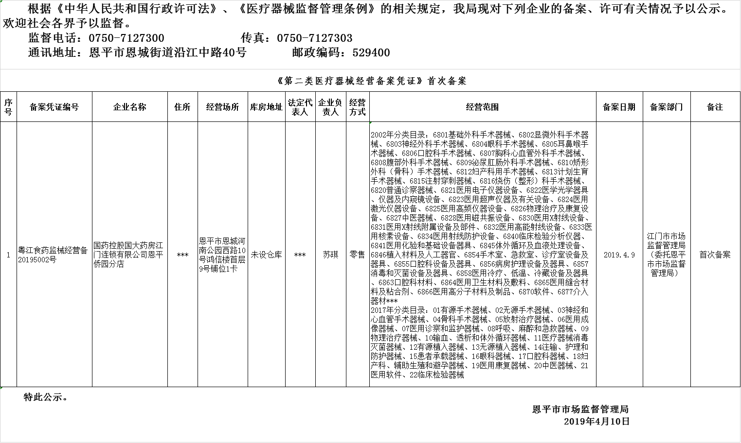 恩平市2019年第三期醫(yī)療器械經(jīng)營企業(yè)備案、許可公示（二類備案）.png