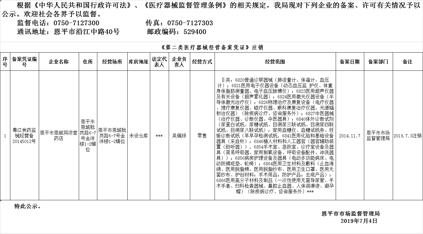 恩平市2019年第十期醫(yī)療器械經(jīng)營企業(yè)備案、許可注銷公示--二類備案.png